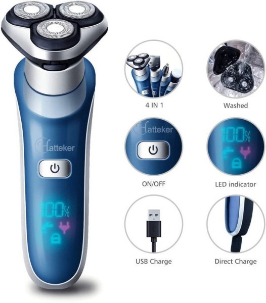 Photo1: Mens Shaver 4-in-1 Hatteker Professional Electric Rotary Cordless Waterproof Hair, Nose Hair Wet and Dry Trimmer Shaver  (1)